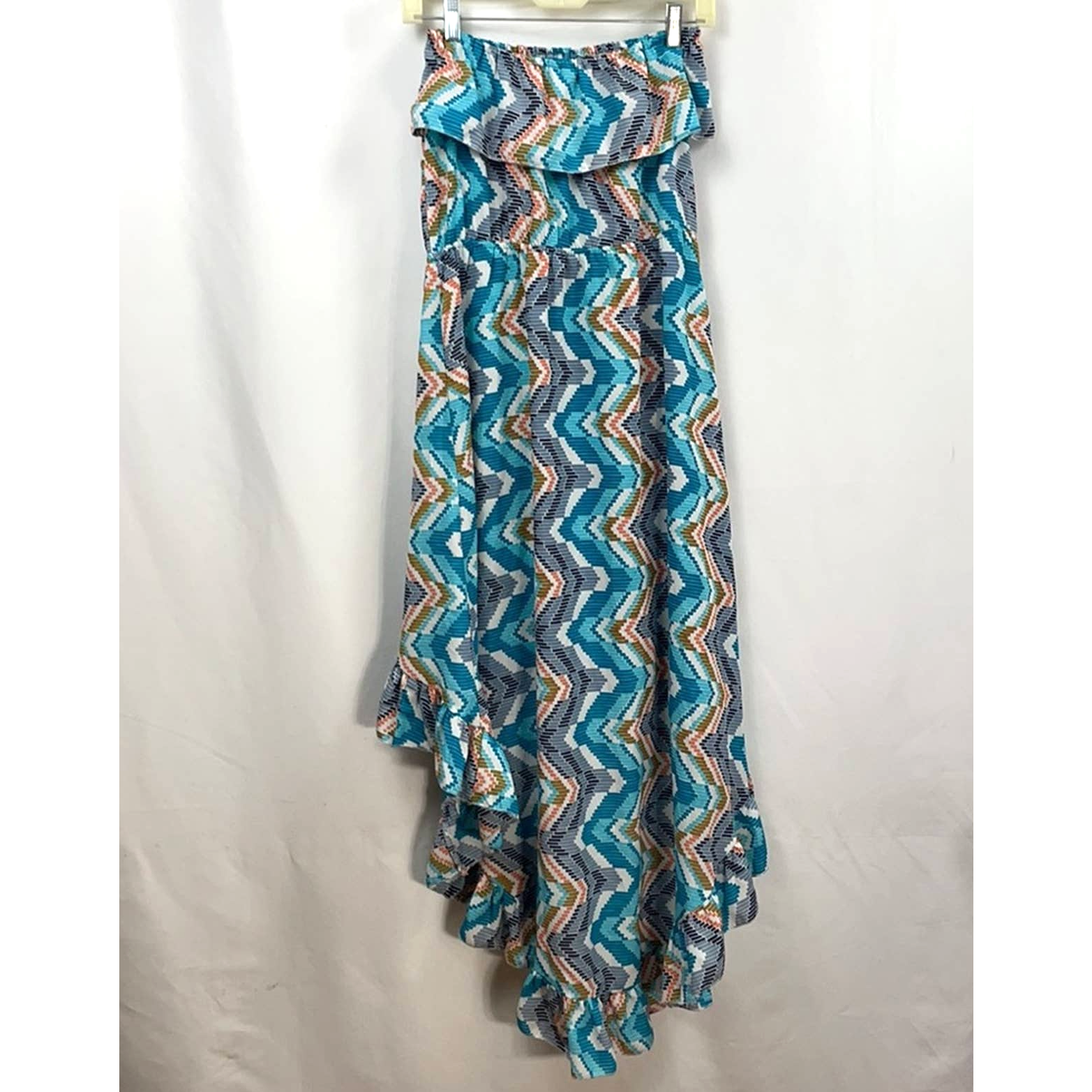 Elan Strapless Tiered Empire Waist Maxi Dress Flowy Hi Low Hem Sz S